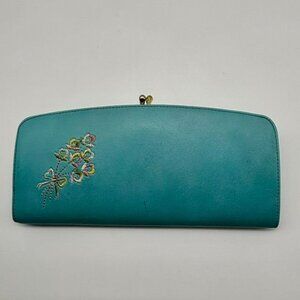 Vintage Baronet Fifth Avenue Kisslock Wallet Turquoise Leather Floral Embroidery
